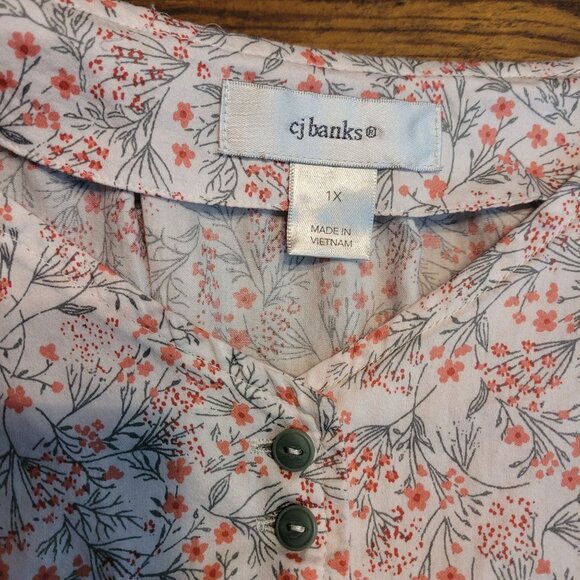 CJ Banks Ditzy Floral Top 1X Ruffle 3/4 Sleeve Button Front Pleated Cotton Boho - Picture 4 of 10